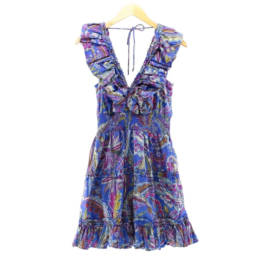 House of Harlow Sz M Paisley Mini Dress V-Neck Smooched Waist Tired Ruffle Boho